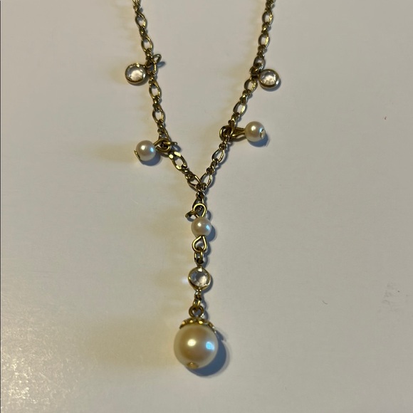 1928 Gold Tone and Faux Pearl Drop Necklace - Picture 2 of 3
